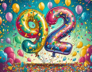 Birthday / anniversary balloon, number 92, colorful illustration with confetti and festive decoration