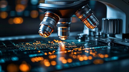 Wall Mural - Close-up of a scientist analyzing a sample under an electronic microscope in a high-tech lab, with data displayed on a digital interface. Industrial, realistic quality.