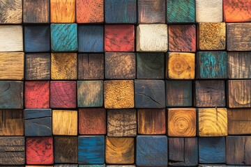 Colorful wooden blocks arranged in a patterned mosaic decorating a wall for artistic display in a workshop