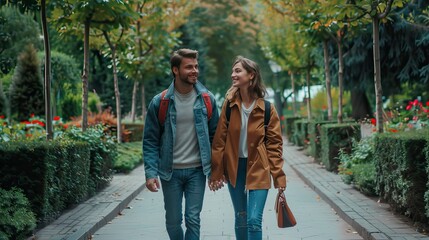 view of young couple in love is walking in a park of attractions outdoors, New year s eve, Happy New year 