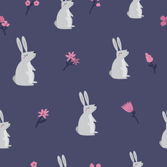 Wall Mural - Cute Woodland Animal Seamless Pattern. Adorable Vector Forest Rabbit for Designs and Crafts