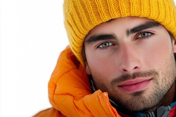 close-up portrait depicts a bearded man with a yellow beanie and orange jacket gazing forward, invok