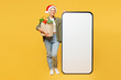 © ViDi Studio - Full body young woman wear casual clothes Santa hat hold bag for takeaway mock up food products big huge blank screen area mobile cell phone isolated on plain yellow background. Winter holiday sale.