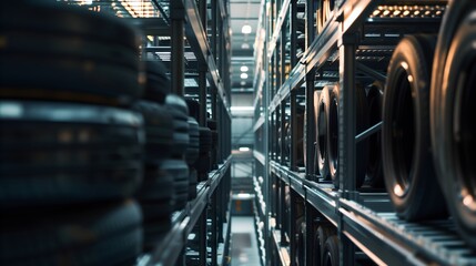 Tire storage rack with alloy wheels in modern warehouse facility, automotive retail and service concept with selective focus