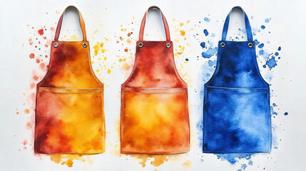 Colorful watercolor aprons in orange, red, and blue with splashes