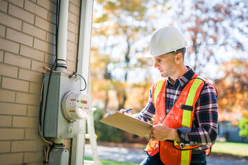 Wall Mural - man with hard hat standing in front of a electric panel