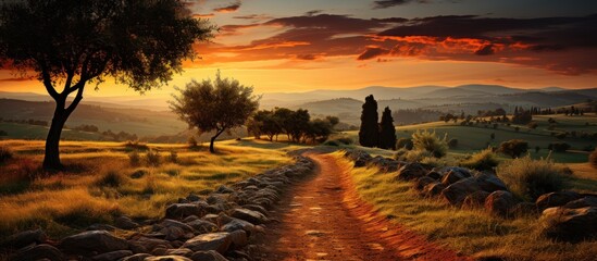 Wall Mural - A serene landscape at sunset, featuring a winding dirt path and lush greenery.