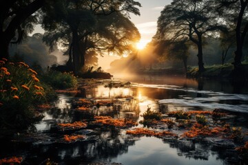 Wall Mural - Serene river landscape at sunrise with mist and lush vegetation.