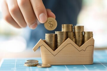 A hand places a coin atop a wooden house-shaped structure filled with stacked coins, symbolizing investment and financial growth.