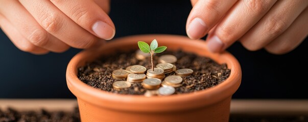 A person's hands nurturing a small plant growing in a pot filled with soil and seeds, symbolizing growth and care in gardening.