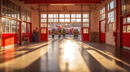 Bright Fire Station Interior with Firefighters in Action