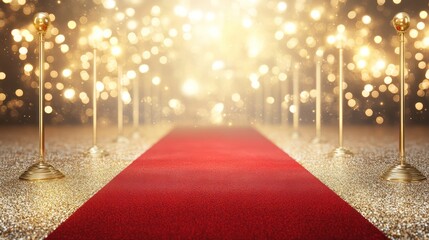 Red carpet with gold stanchions and sparkling bokeh lights. Luxury event concept for awards, gala, or celebration