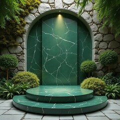 Green Marble Archway podium in green garden with a stone wall featuring a green door illuminated by a light source.