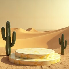 desert oasis with marble podium and two cactus. surrounded by sand dunes and a clear blue sky.