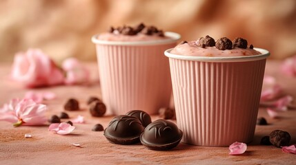 Two cups of pink frosted dessert with chocolate chips on top