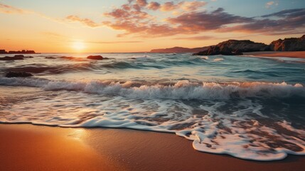 Wall Mural - A serene beach scene at sunset, capturing waves and rocky formations.