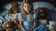© BlockBrushstrokes - A charming young girl dressed in blue sits on her bed surrounded by teddy bear dolls gazing at the camera