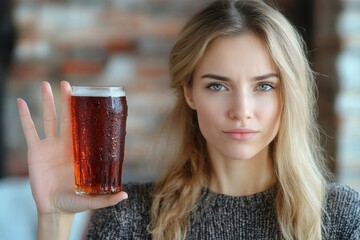 Limits sugar diet in food concepts. Young woman showing bad hand symbol to soft drink soda that have high sugar, Generative AI