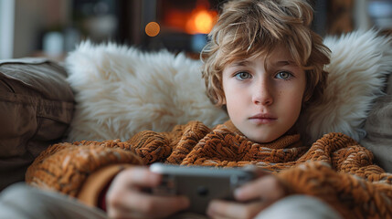 Child relaxing on comfortable couch with fluffy pillows, playing videogames in warm living room by a fireplace