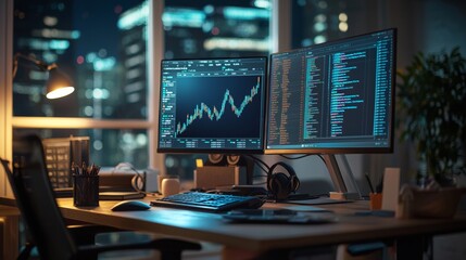 Trading setup with dual monitors showing market data