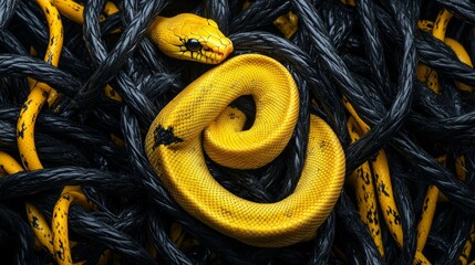 A yellow snake is curled up in a black and yellow net