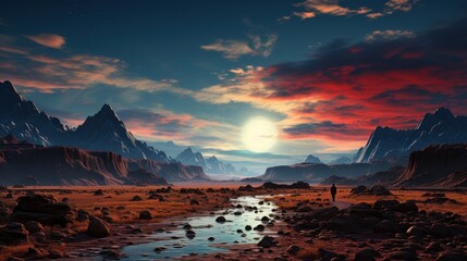 Wall Mural - A serene landscape at sunset with mountains, a river, and dramatic clouds.