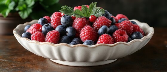 Vibrant medley of strawberries, blueberries, raspberries elegantly displayed on a white porcelain plate, fresh and inviting, perfect for summer gatherings