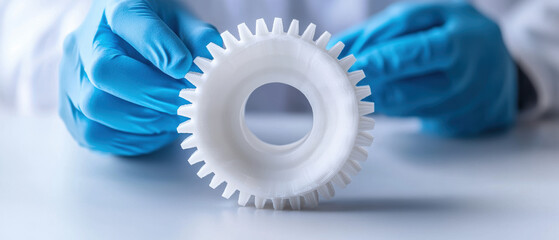 A person in gloves holds a white gear, showcasing precision engineering or a mechanical component in a lab setting.