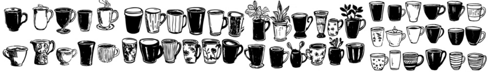 A digital illustration of a cartoon mug. Doodled mugs with tea and coffee, handdrawn cups of morning drinks with Scandinavian style. Hot aroma beverage in a restaurant or at home, with cooking dishes