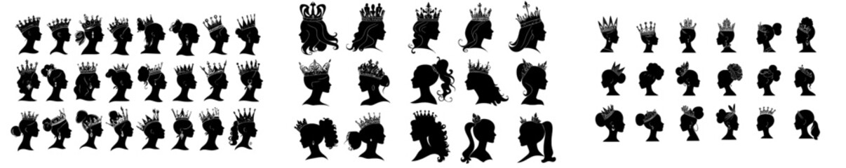 Wall Mural - Portrait of a princess with a crown and different hairstyles. Beautiful woman black and white heads with tiara diadems.