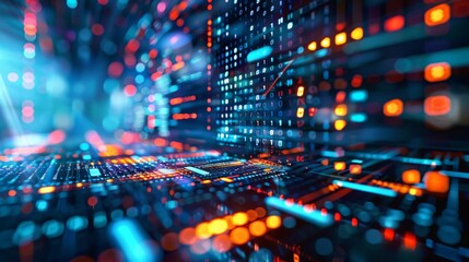 Abstract digital code with glowing lights and data points