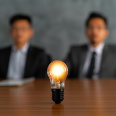 A glowing light bulb in focus on a table, with two blurred men in suits sitting behind, symbolizing innovation or brainstorming in a business setting.