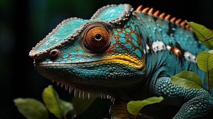 Canvas Print - A close-up of a colorful lizard perched among green leaves.