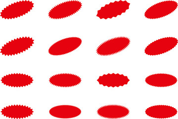 Starburst red sticker set - collection of special offer sale oval and round shaped sunburst labels and badges. Promo stickers with star edges. Vector.