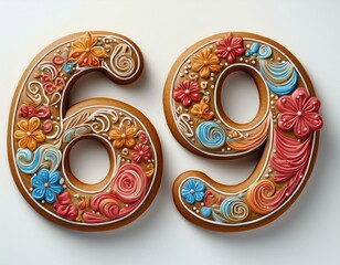 Decorated cookie, number 69, image for birthday or anniversary celebration