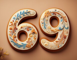 Decorated cookie, number 69, image for birthday or anniversary celebration