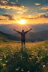 person embraces sunset on meadow, radiating peace and freedom amidst nature’s vibrant display.