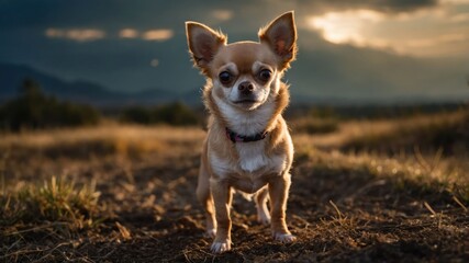 A small Chihuahua stands confidently in a scenic outdoor setting during golden hour.