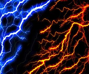 Red yellow blue lightning on a black background storm style