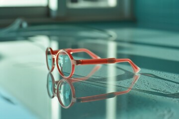 Vibrant orange sunglasses rest on a poolside surface, reflecting light with a playful, carefree summer vibe.