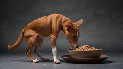 A dog eating from a bowl of kibble on a dark background.