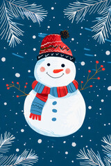 Wall Mural - Playful snowman greeting card design featuring blue and white colors for a festive holiday season