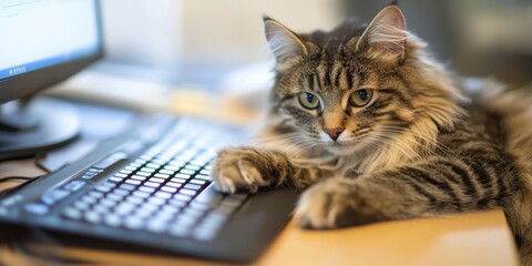 A fluffy tabby cat lounging on a keyboard, capturing a playful moment in a home workspace.