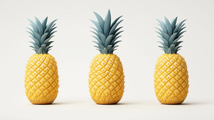 Wall Mural - Three realistic pineapples with textured yellow skin and green spiky leaves on a white background.