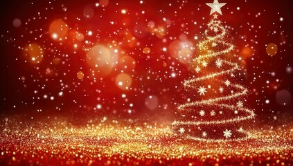Wall Mural - red background with christmas tree and sparkling lights