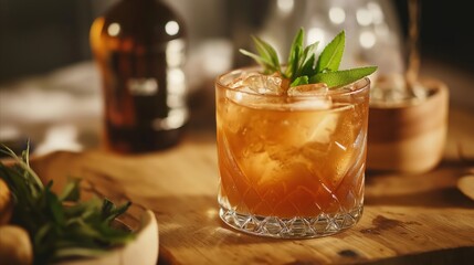 Sticker - Glass of drink with a green leaf on top