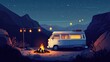 © sarun - A minimalist cartoon of a van parked on a mountaintop at night. The van is illuminated by a campfire with lights hanging from its ceiling and a cozy hippy-style interior.