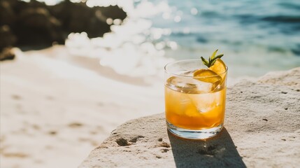 Sticker - Glass of orange juice with a slice of lime on top is sitting on a beach