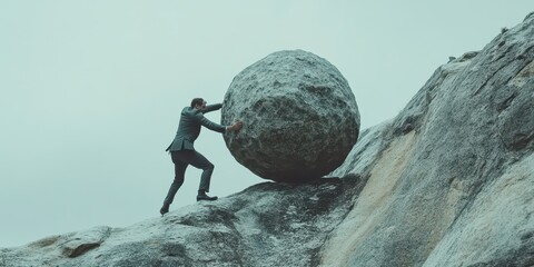 Businessman pushing a massive stone uphill, symbolizing relentless determination to overcome corporate hurdles, set against a solid background.