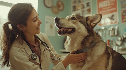 Veterinarian holding a stethoscope on a large dogs chest while smiling and reassuring the pet owner clinic is modern and bright with animal care posters and organized tools dog appears calm and